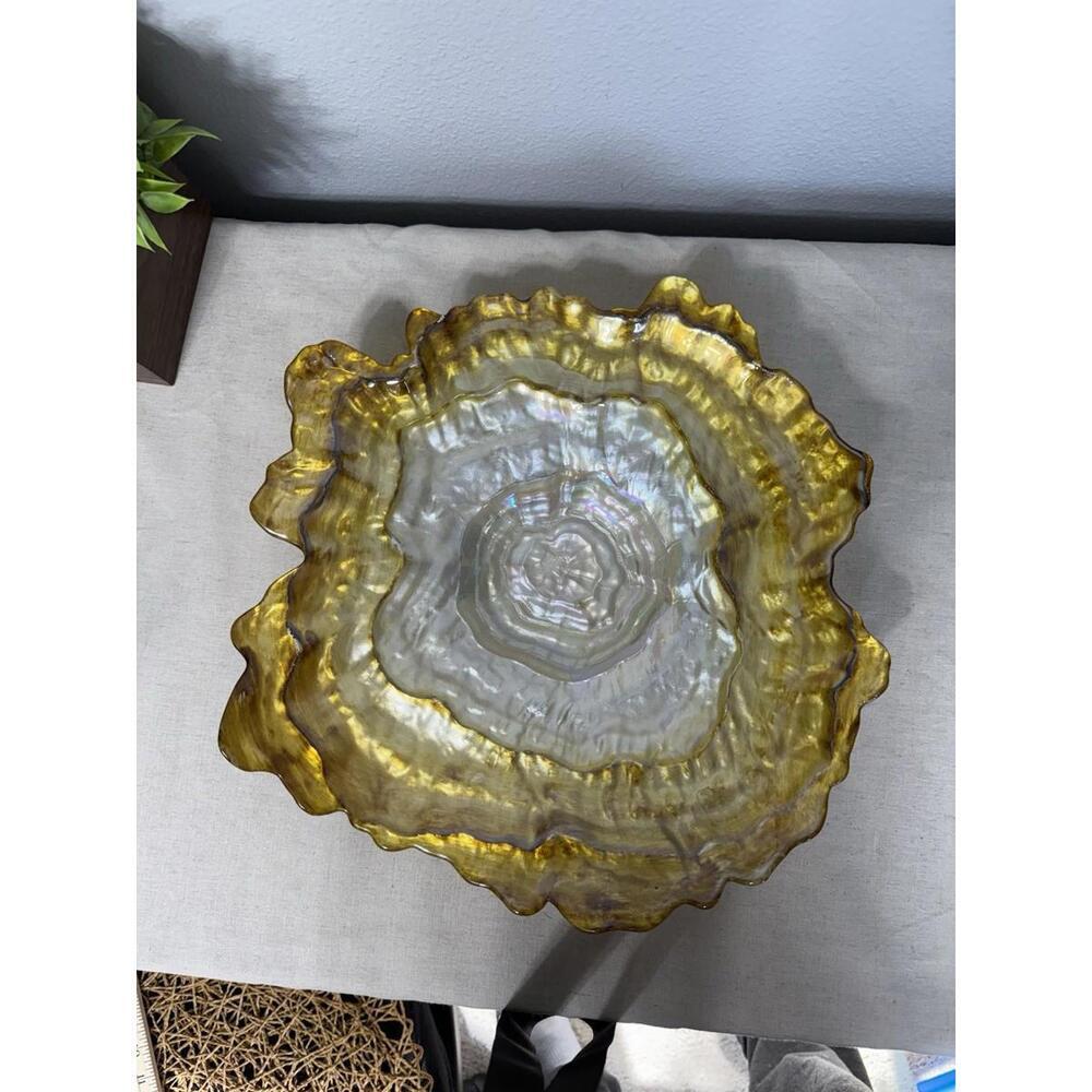 Freeform Art Glass Platter by Akcam Turkey Ombre Amber Gold Pearl Shell Oyster‎